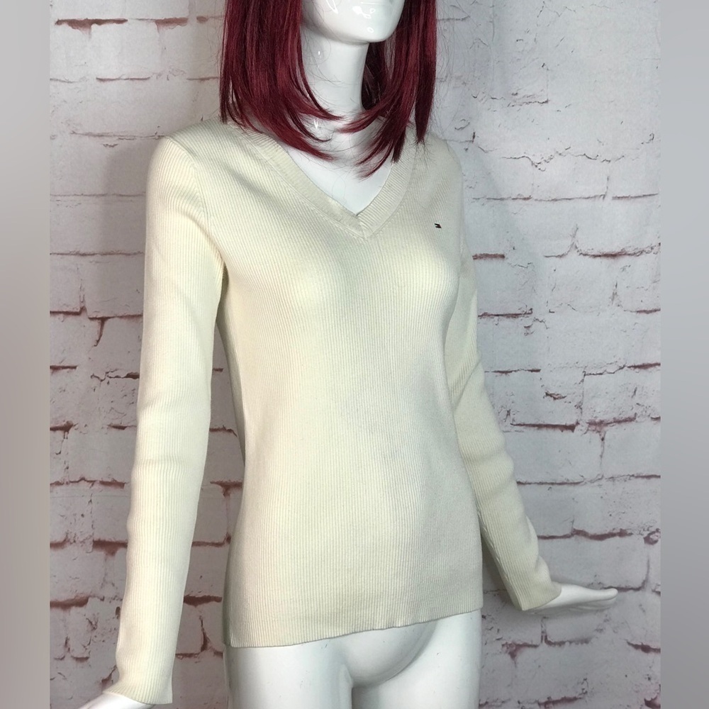 Y2K TOMMY HILFIGER Cream Ribbed Knit Preppy   V-Neck Long Sleeve Top Size Medium - Picture 10 of 13